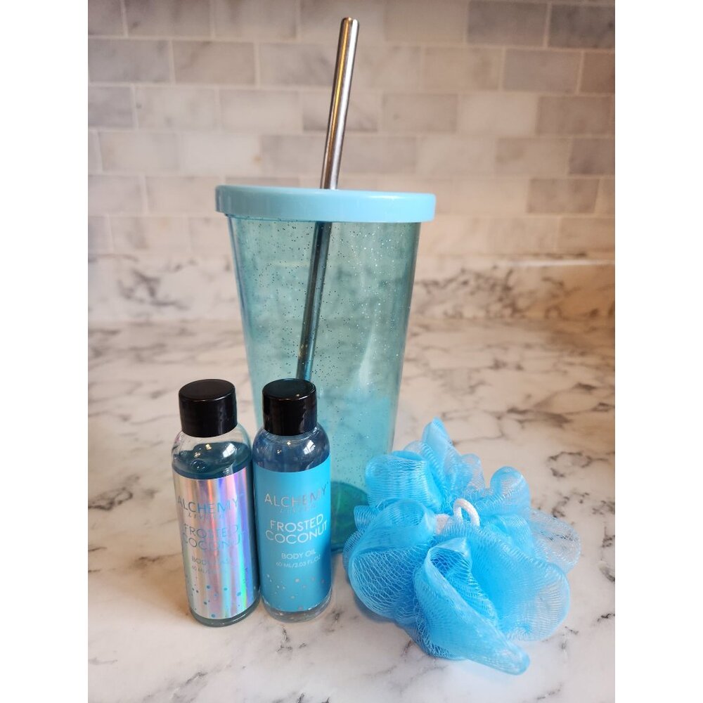 Alchemy Living Frosted Coconut Spa Gift Set With Tumbler Body Wash & Oil Loofah